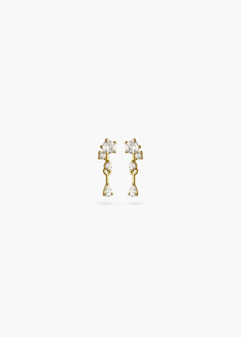 A pair of gold dangle earrings with clear gemstones, shown against a plain white background.