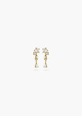 A pair of gold dangle earrings with clear gemstones, shown against a plain white background.