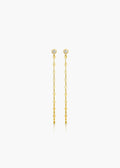 A pair of gold drop earrings with small round clear stones at the top and dangling chain links below, centered on a light gray background.