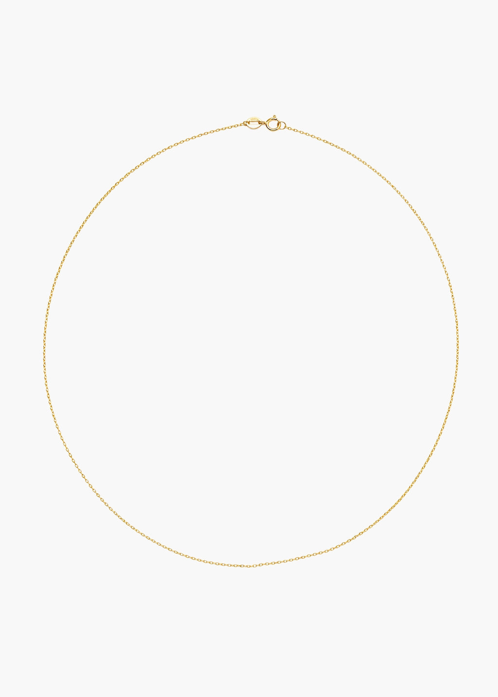 A delicate gold chain necklace arranged in a circle on a plain white background.