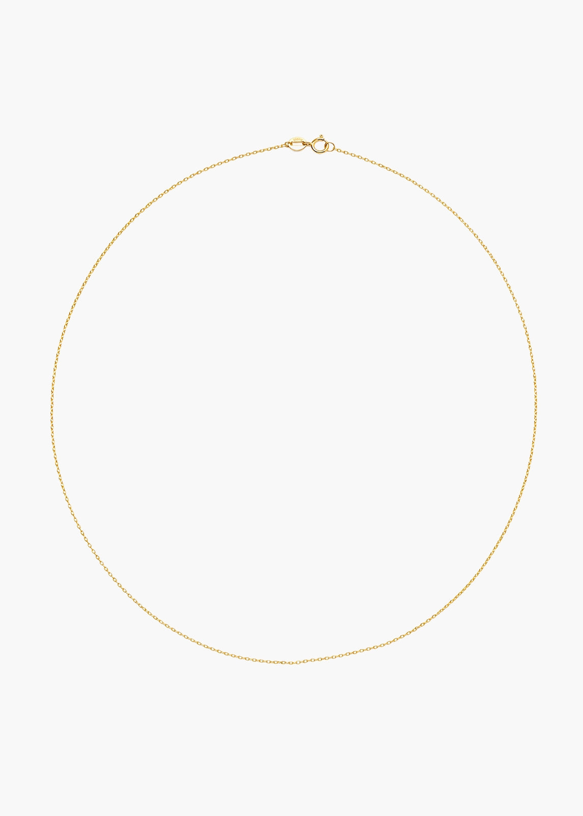 A delicate gold chain necklace arranged in a circle on a plain white background.