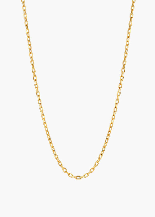 A delicate gold chain necklace with a classic curb link design, displayed against a clean, light off-white background.