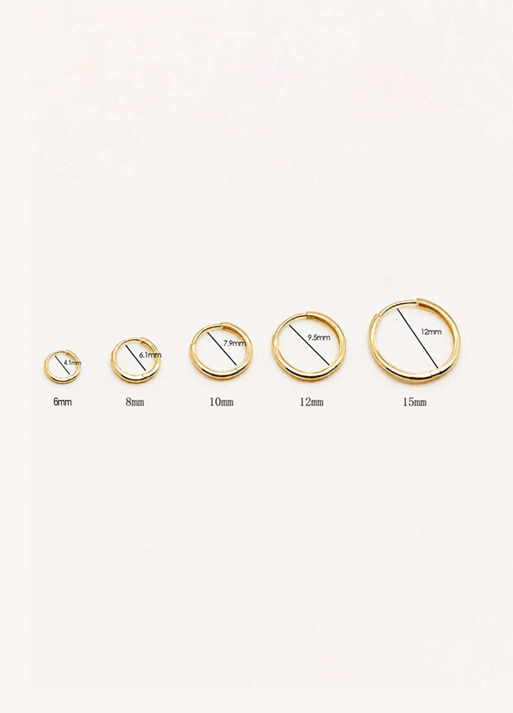 Five gold-toned hoop earrings shown in ascending size from left to right, with black measurement lines and labels indicating 6mm, 8mm, 10mm, 12mm, and 15mm on a plain white background.