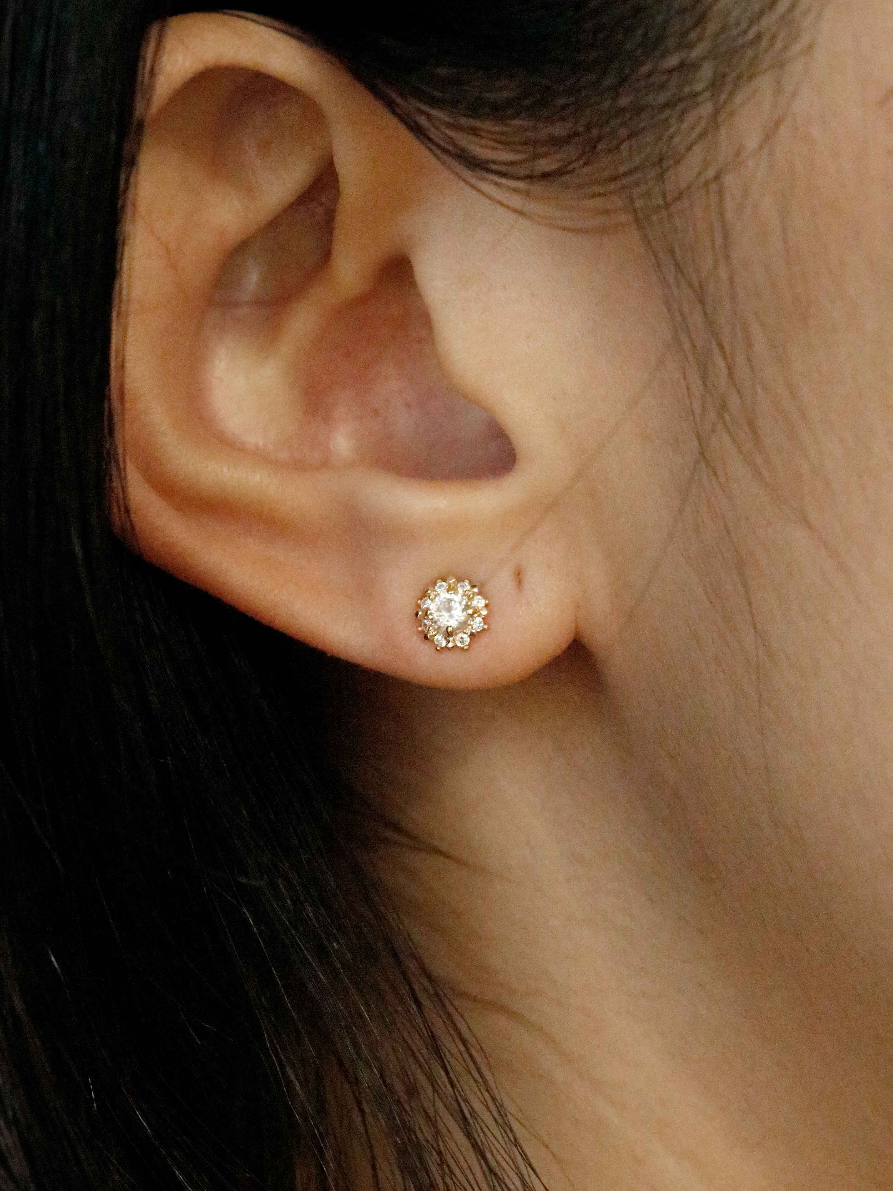 Crystal Sunflower Stud Earrings in Solid Gold