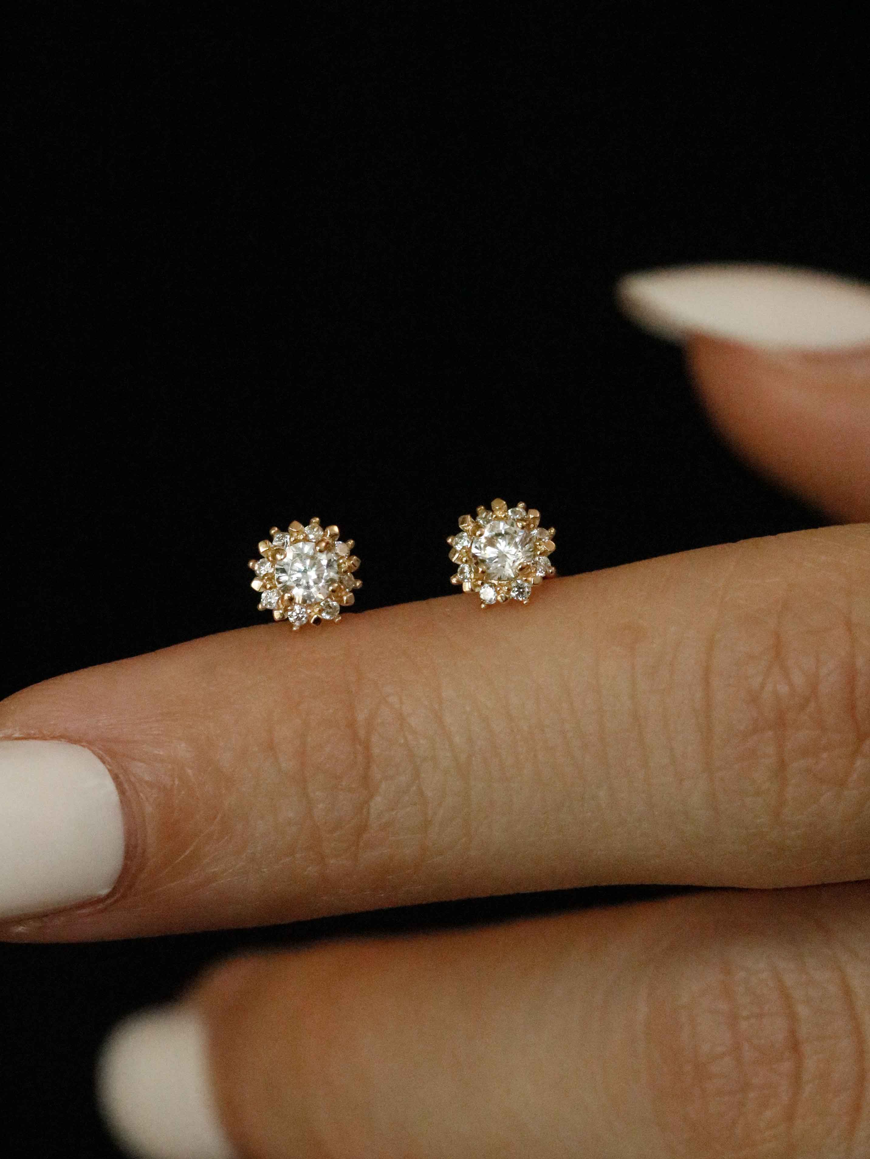 Crystal Sunflower Stud Earrings in Solid Gold