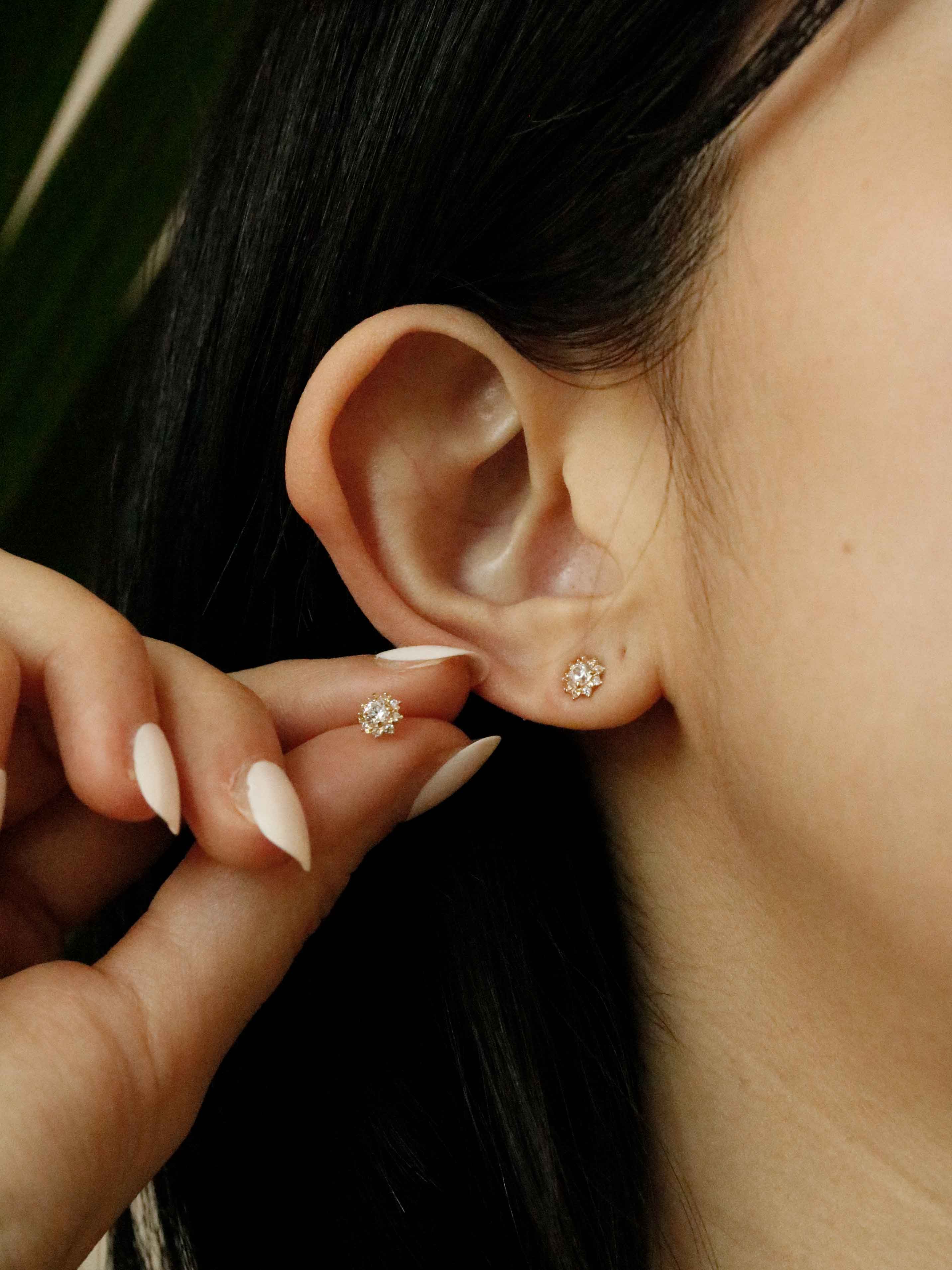 Crystal Sunflower Stud Earrings in Solid Gold