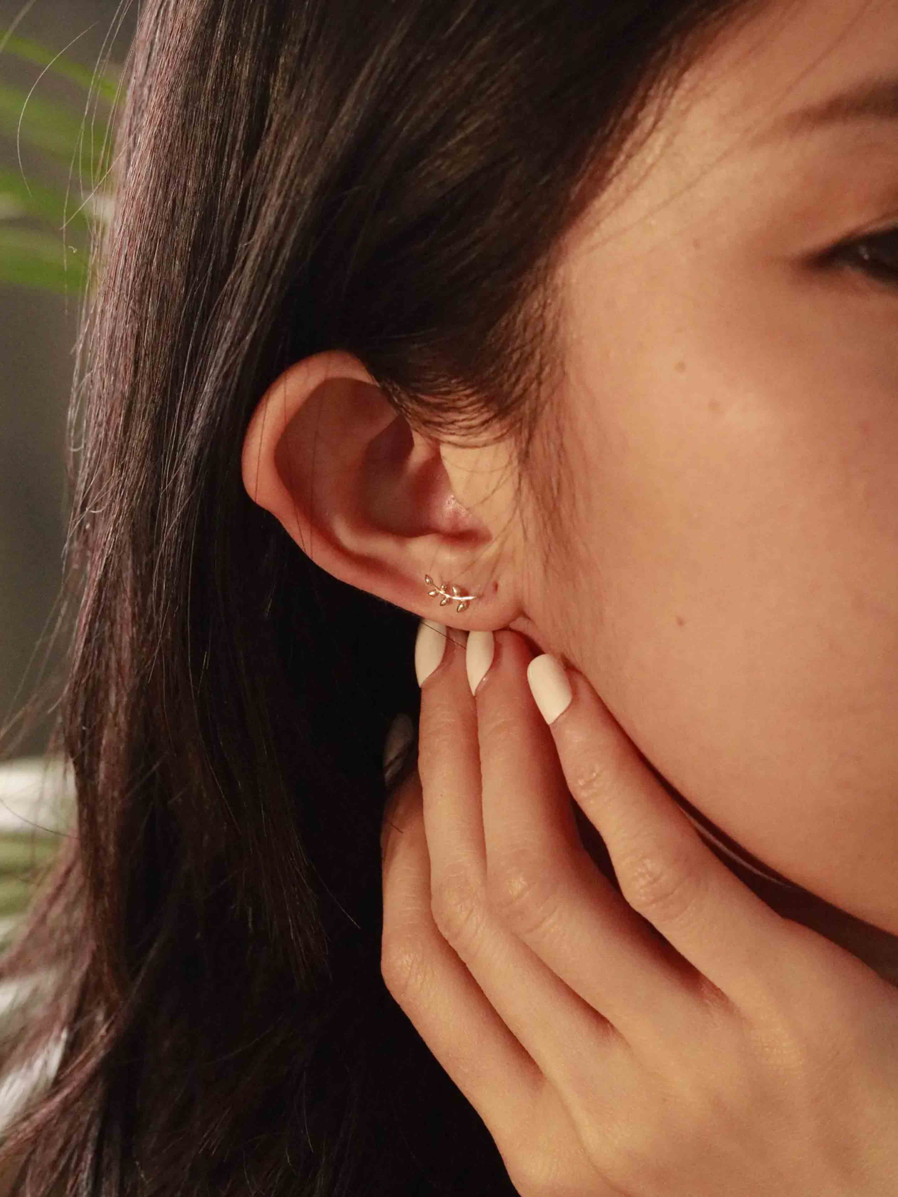 Olive Branch Stud Earrings in Solid Gold