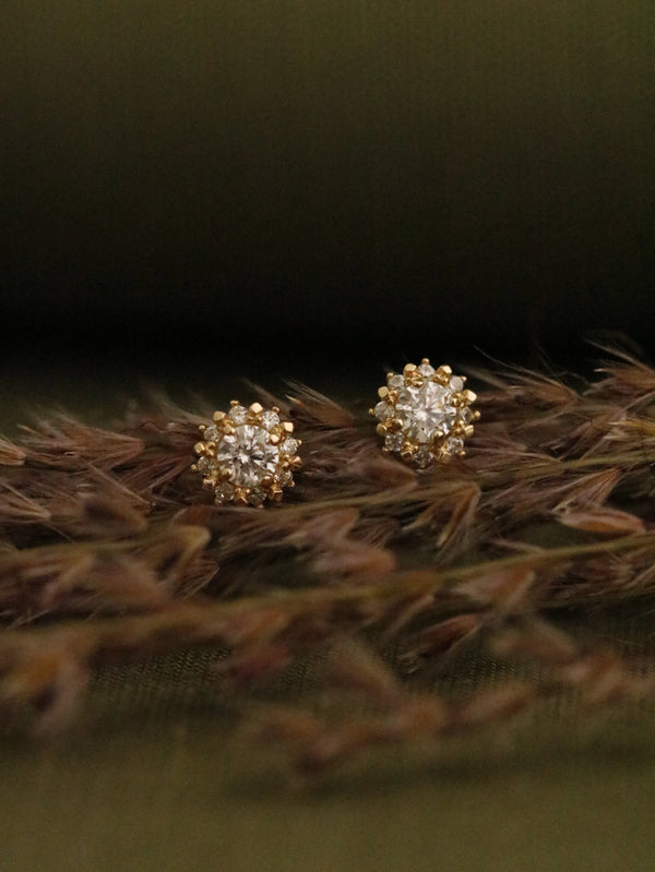 Crystal Sunflower Stud Earrings in Solid Gold