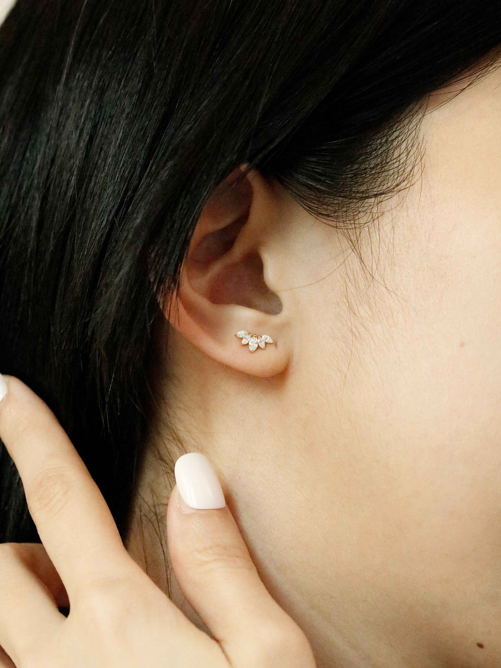 Marquise Fan Crystal Climber Stud in Solid Gold