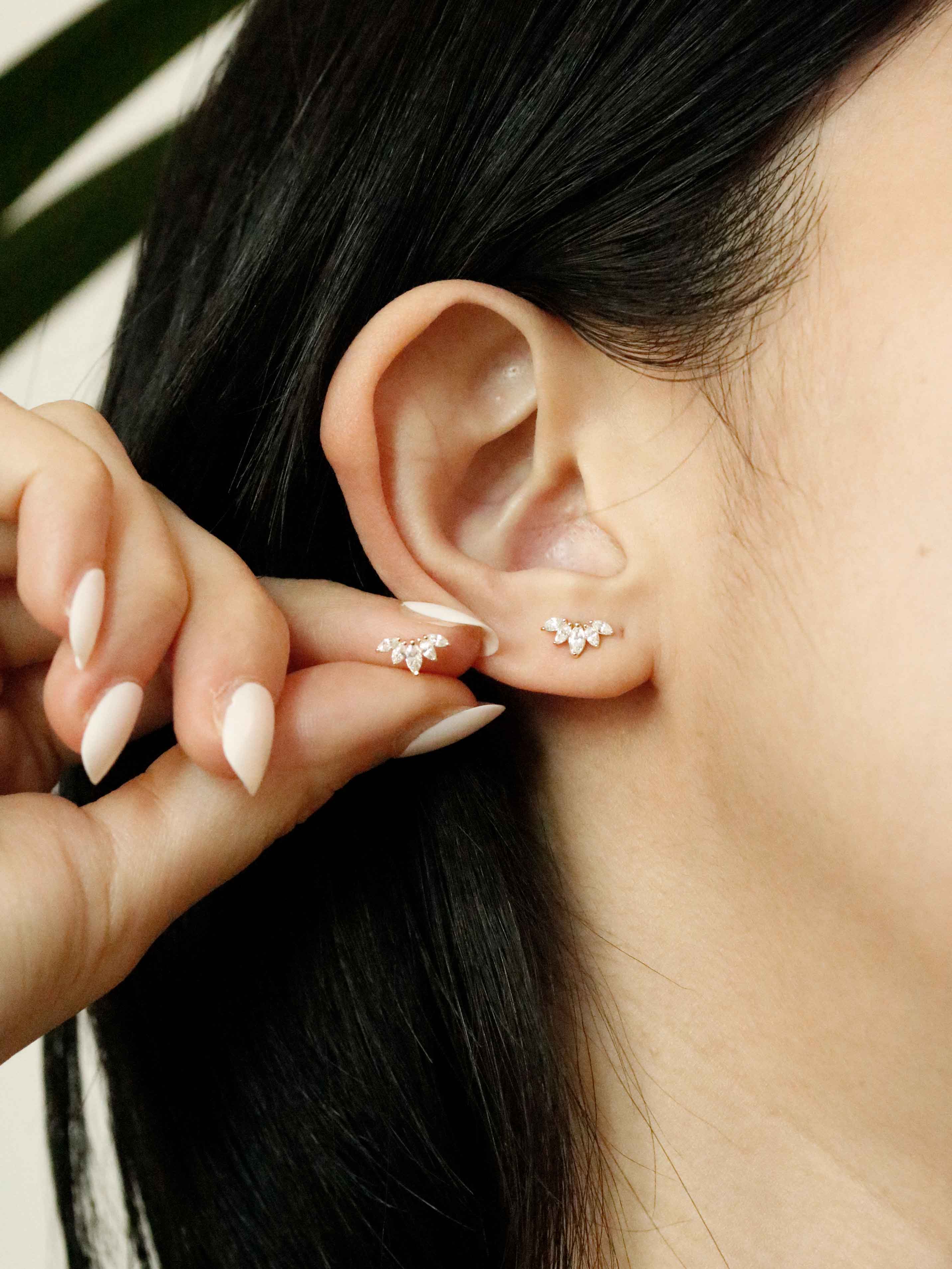 Marquise Fan Crystal Climber Stud in Solid Gold