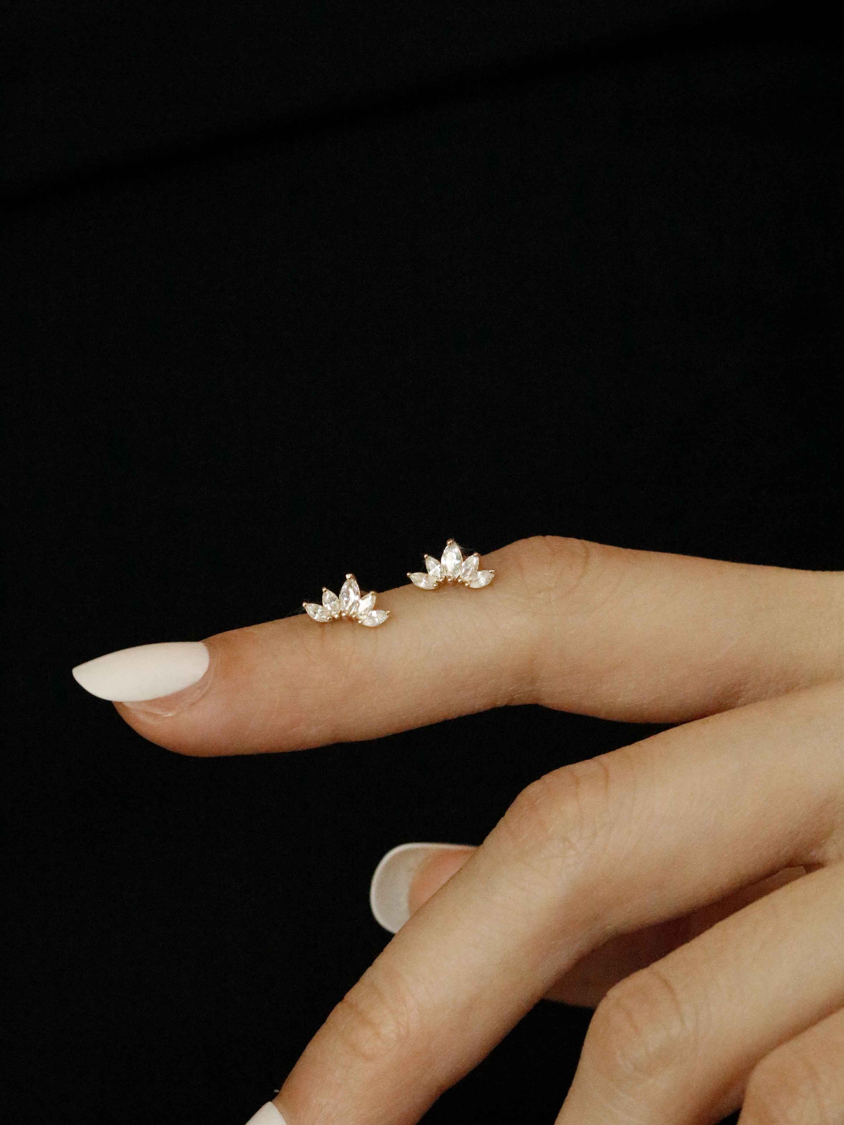 Marquise Fan Crystal Climber Stud in Solid Gold