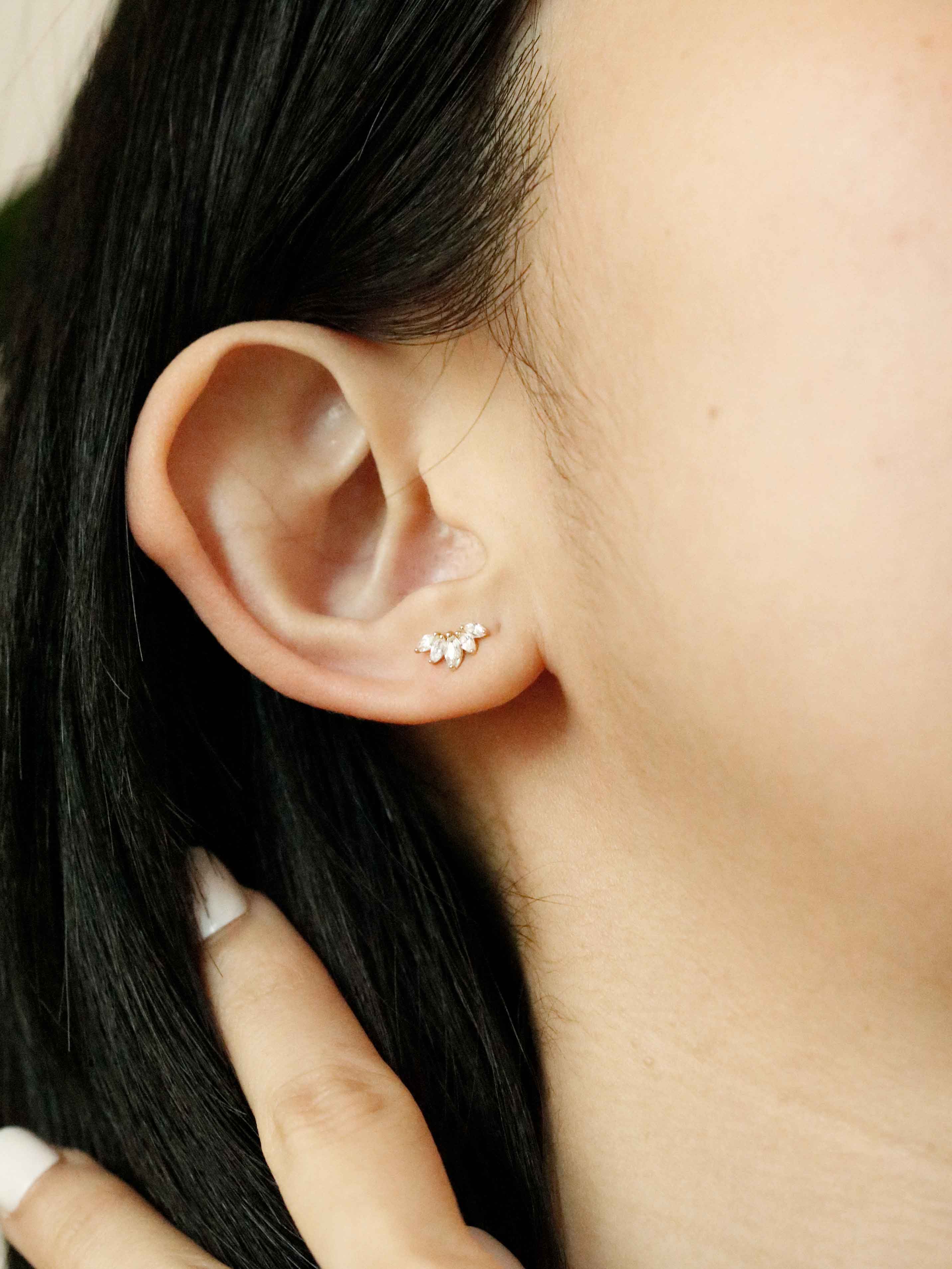 Marquise Fan Crystal Climber Stud in Solid Gold