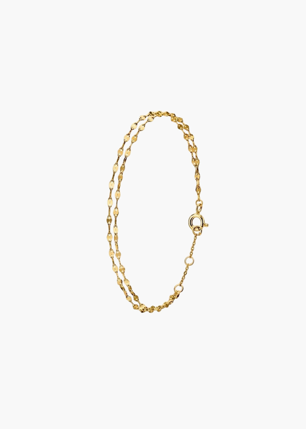 A delicate gold chain bracelet with a textured, beaded link design and a spring-ring clasp, displayed on a clean white background.