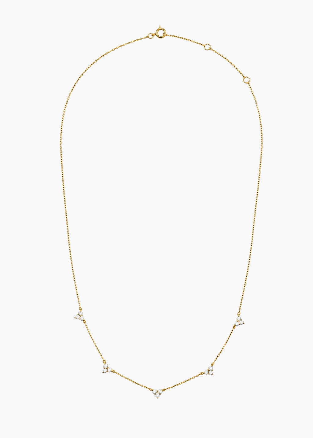 A delicate gold chain necklace featuring small geometric diamond-shaped charms set with clear stones, displayed on a clean white background.