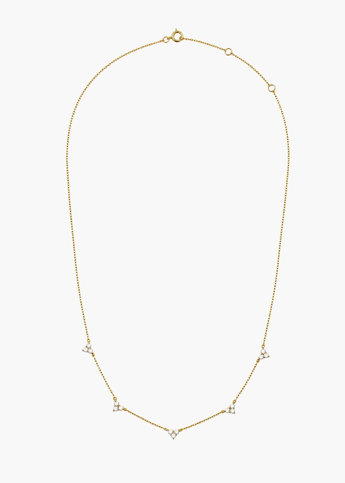 A delicate gold chain necklace featuring small geometric diamond-shaped charms set with clear stones, displayed on a clean white background.