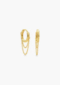 A pair of gold huggie hoop earrings with dangling chain links, shown from the side on a clean white background.