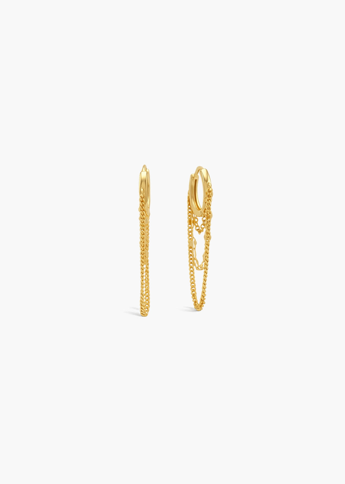 A pair of gold chain hoop earrings with dangling chain accents, shown against a plain white background.