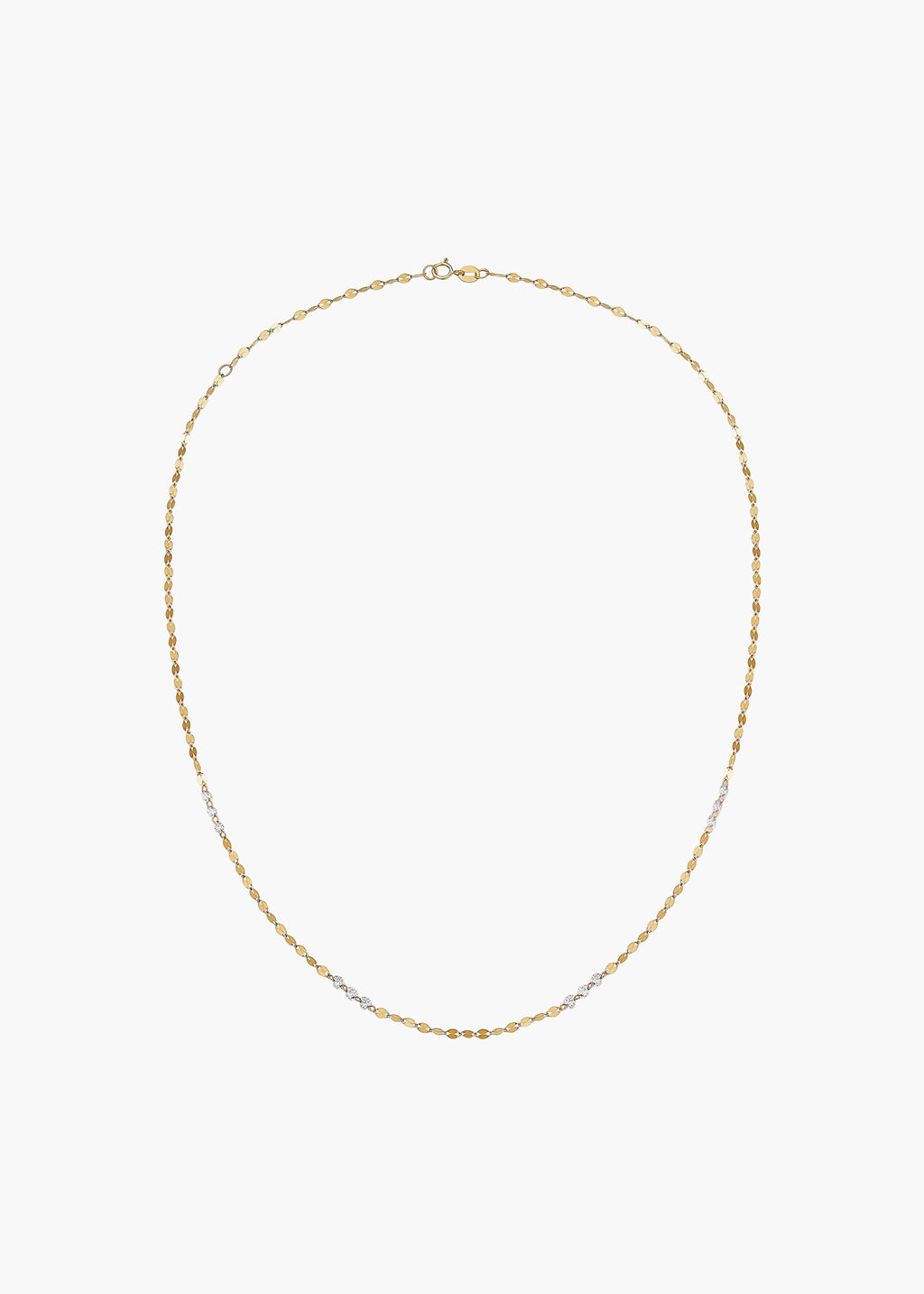 A delicate gold chain necklace with small alternating gold and silver beads, displayed on a clean white background.