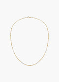 A delicate gold chain necklace with small alternating gold and silver beads, displayed on a clean white background.