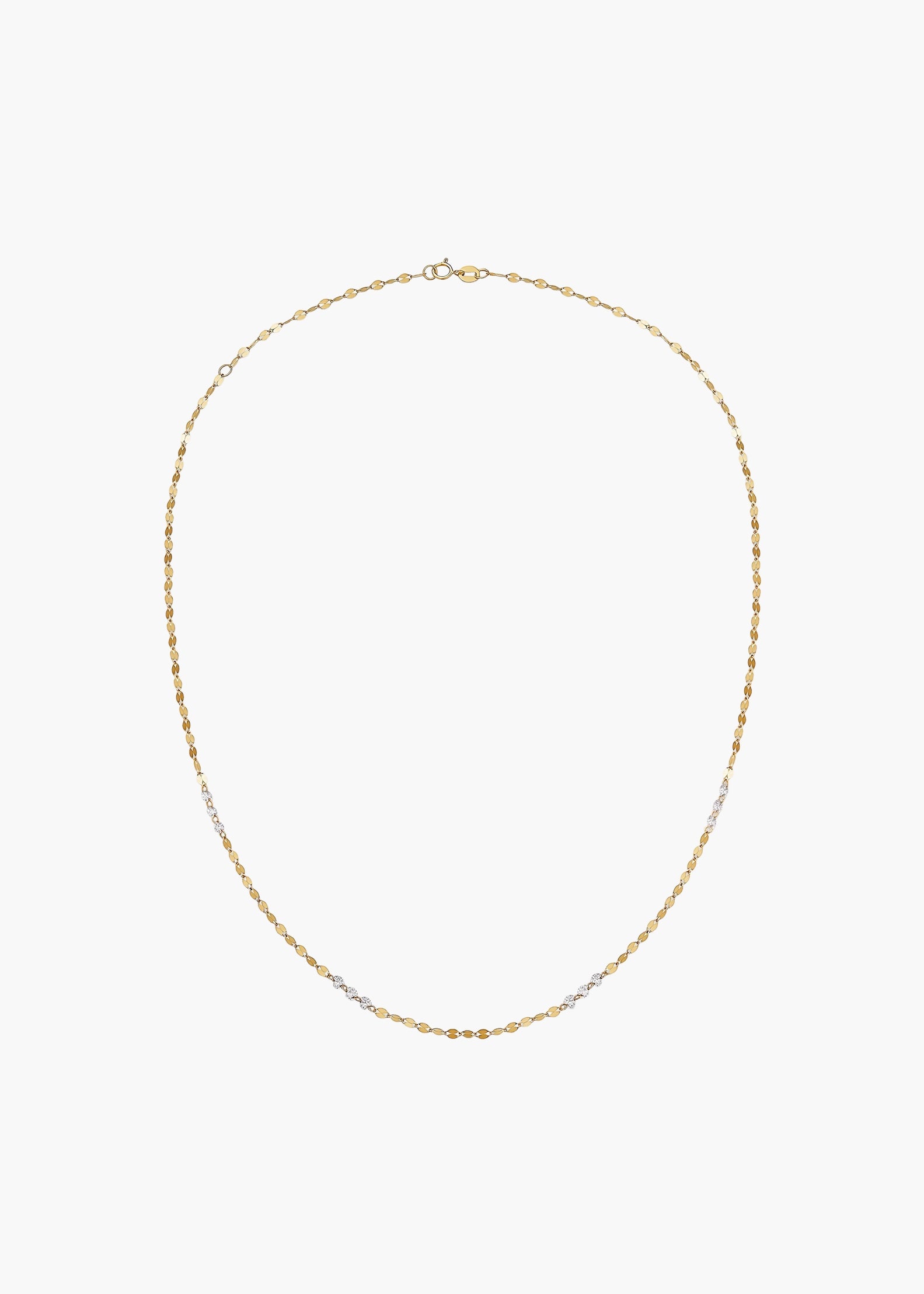A delicate gold chain necklace with small alternating gold and silver beads, displayed on a clean white background.