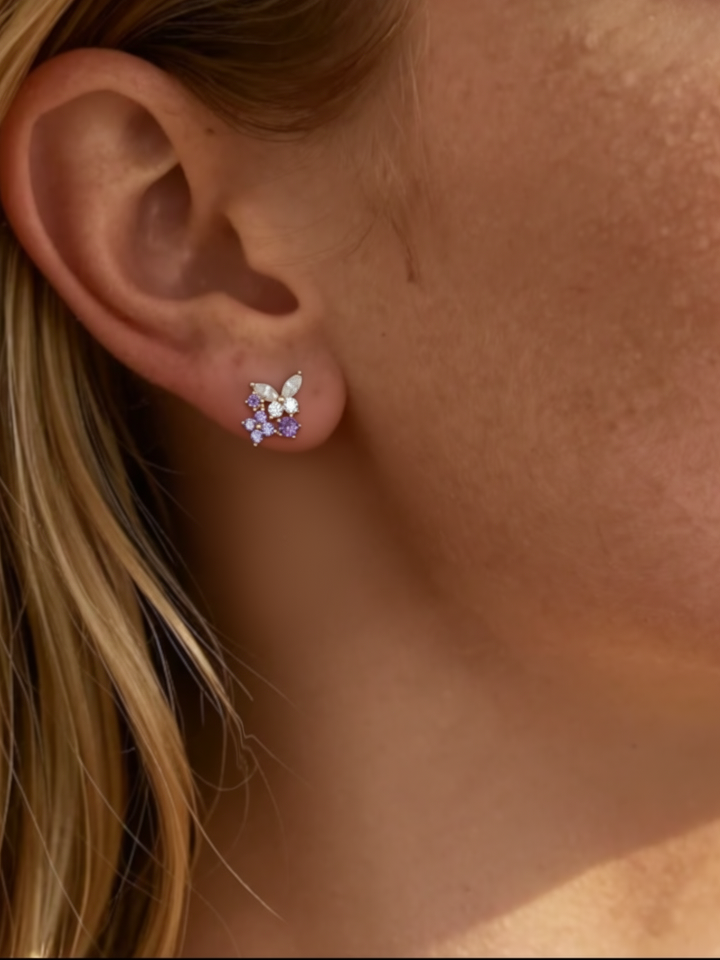 Amethyst & Crystal CZ Butterfly Stud in Solid Gold