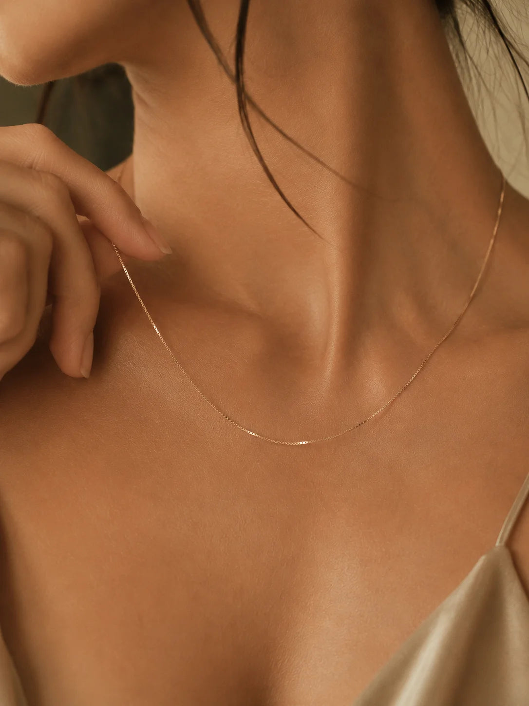 Thin Box Chain Necklace in Solid Gold