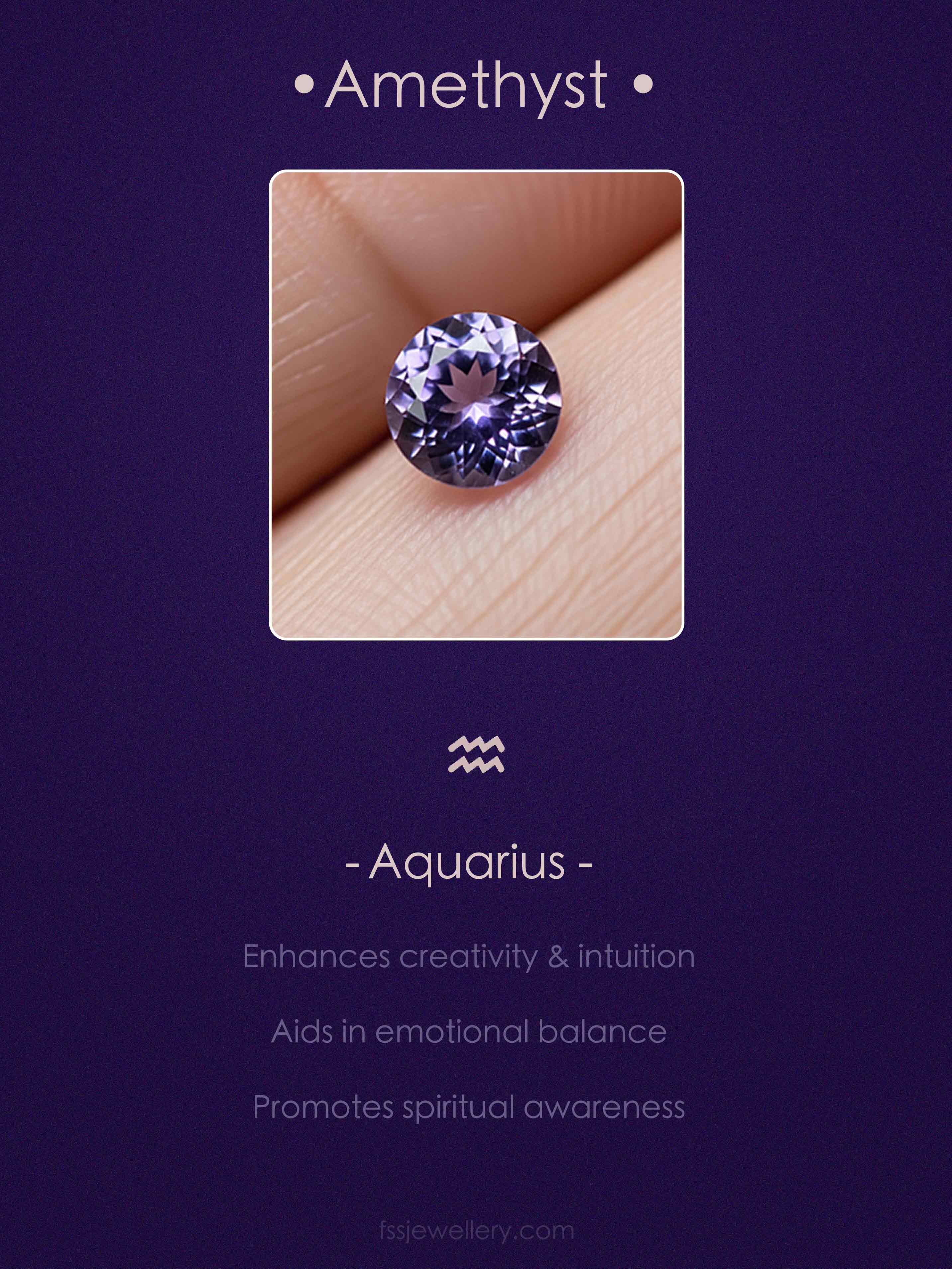 Amethyst gemstone on a wooden background with Aquarius zodiac information.