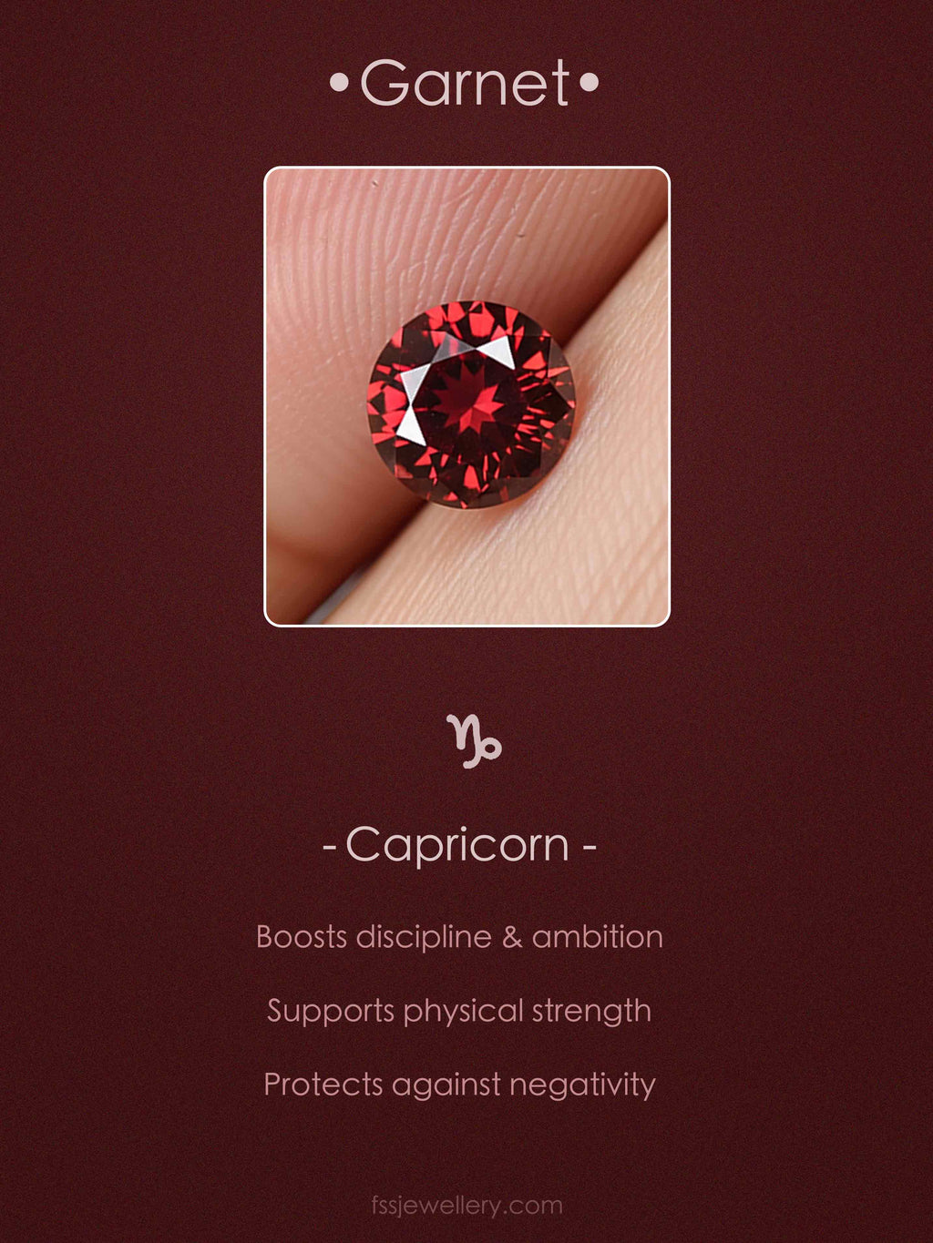 Garnet gemstone on a brown background with Capricorn symbol and description.