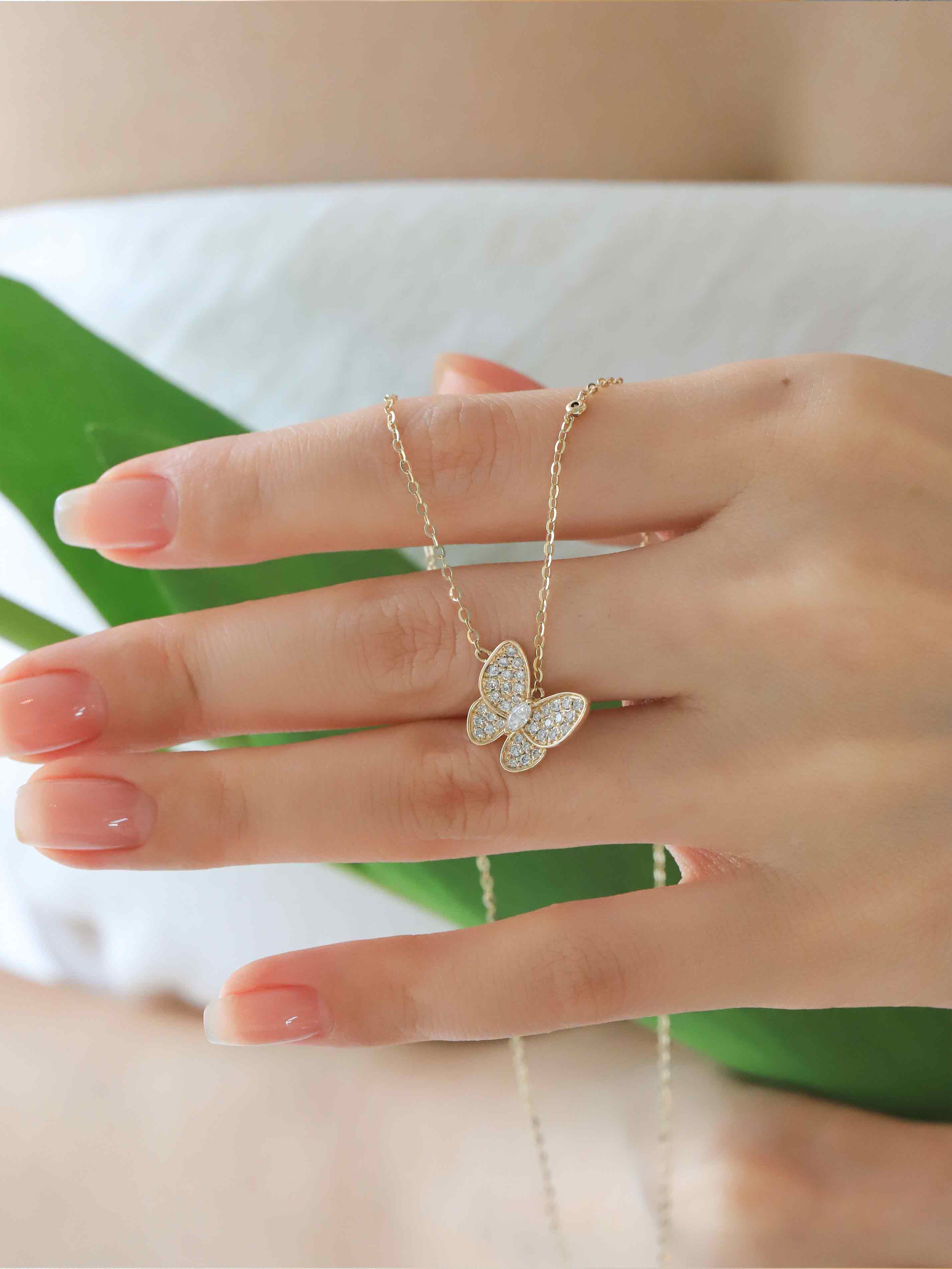 Diamonds Butterfly Pendant Necklace in Solid Gold