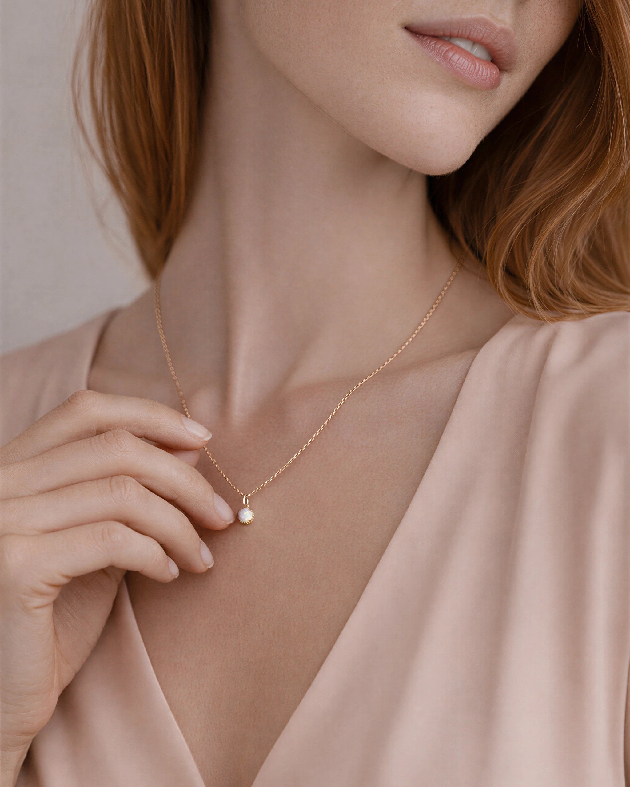 Woman wearing a delicate gold necklace with a small pendant against a neutral background