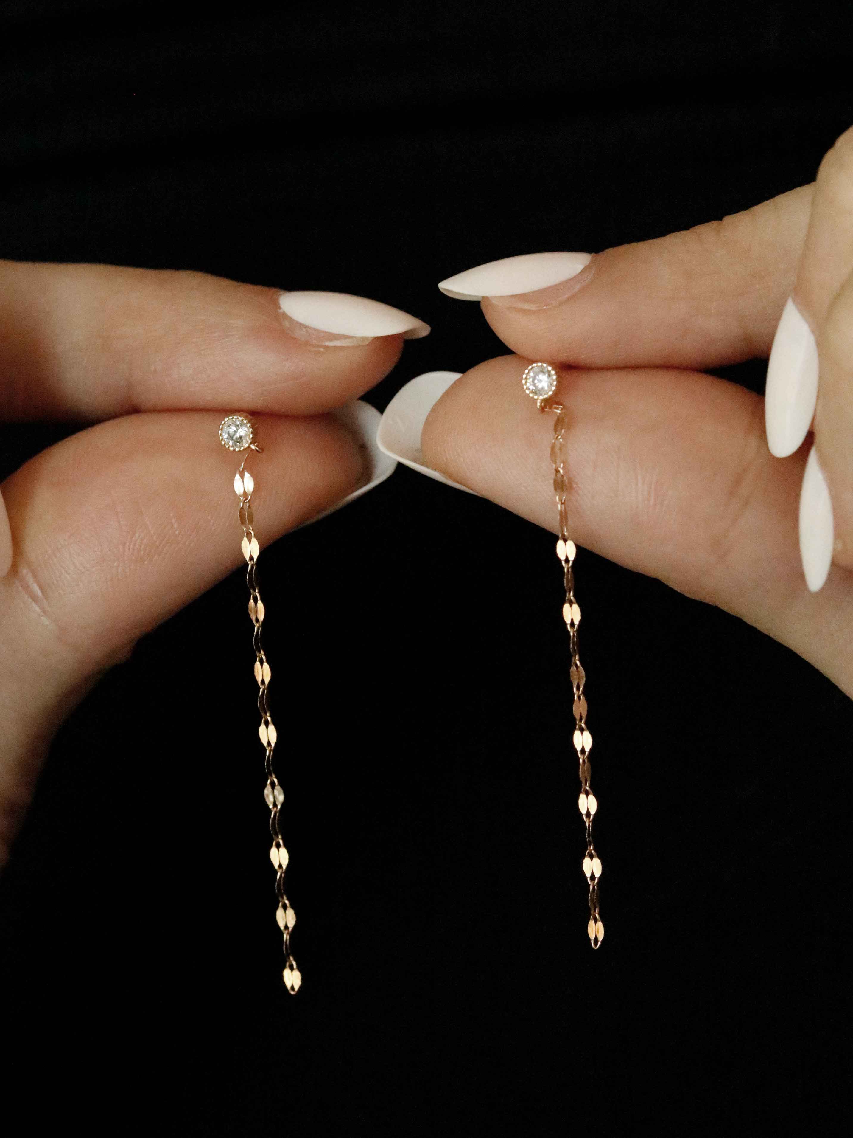 Crystal Drop Chain Earrings in Solid Gold