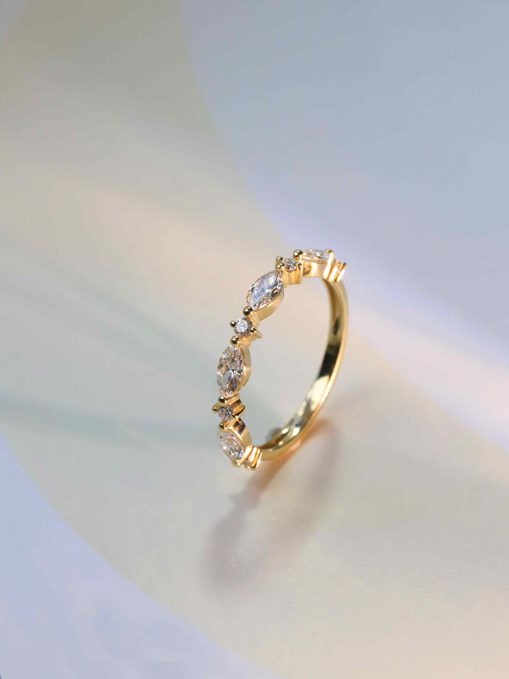 Sparkling marquise-cut lab diamonds in ethical engagement ring