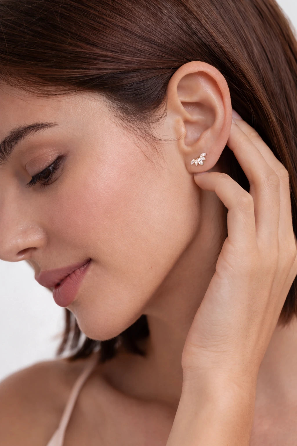 Marquise Fan Crystal Climber Stud in Solid Gold