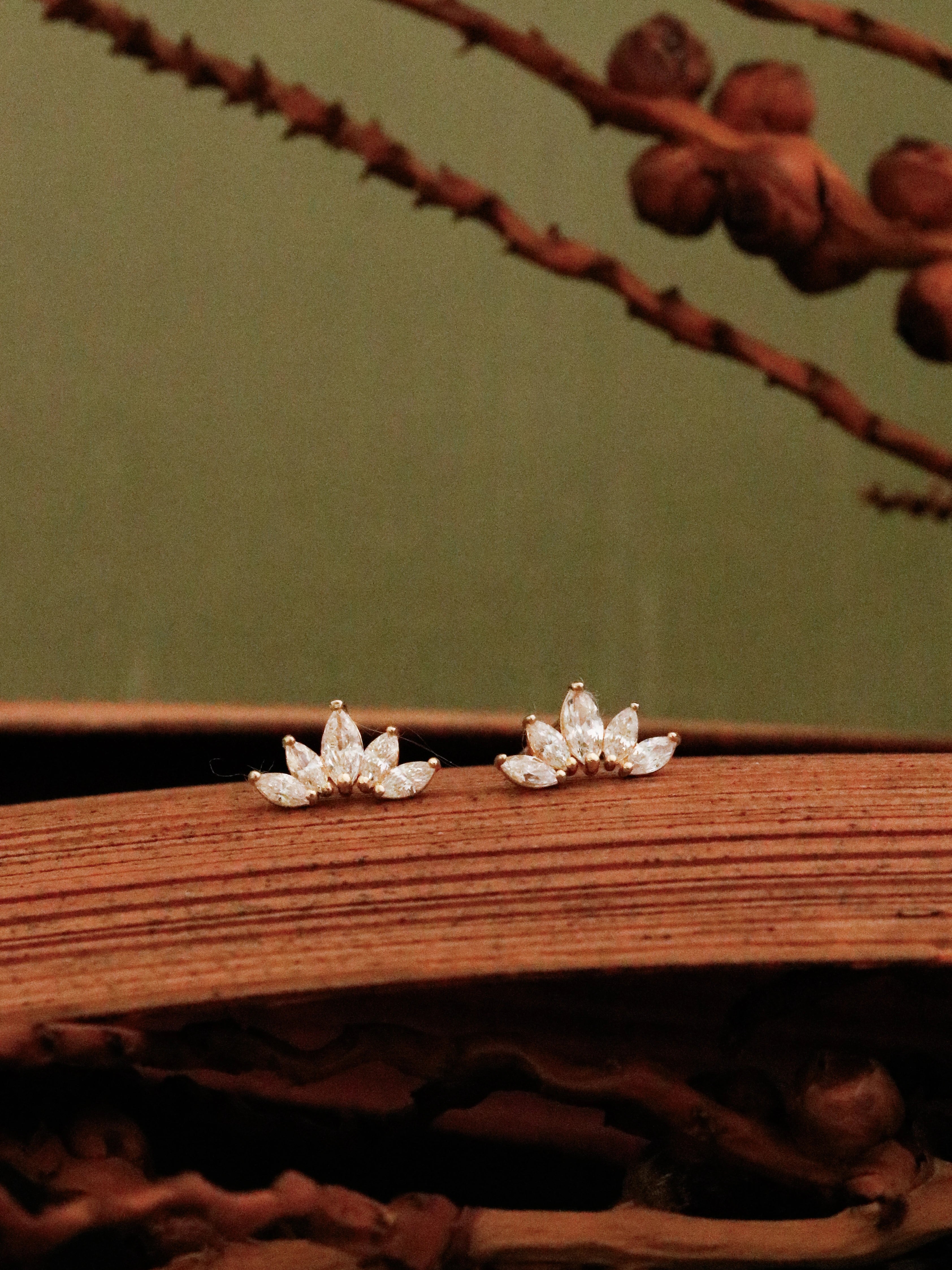 Marquise Fan Crystal Climber Stud in Solid Gold