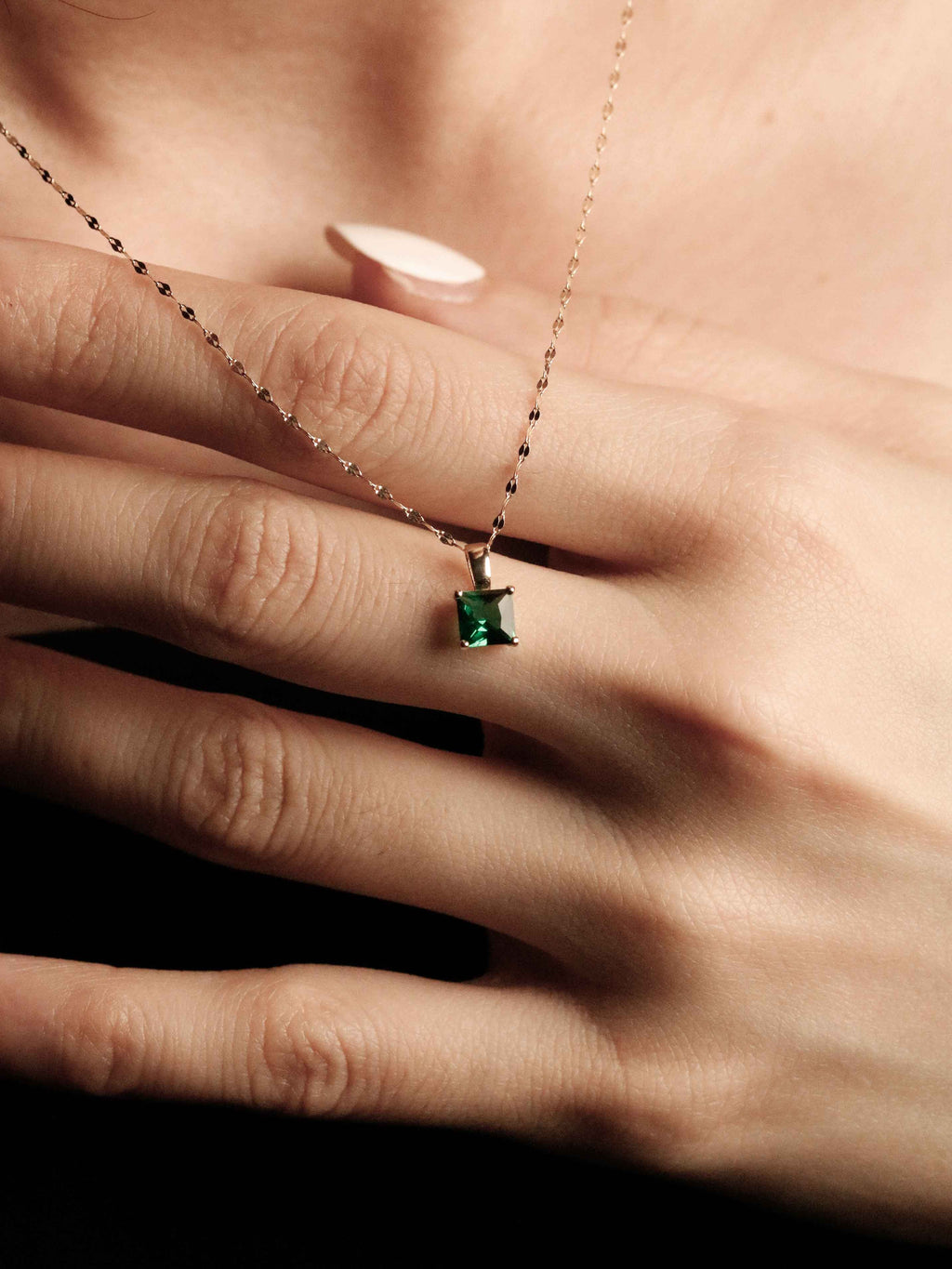 Emerald Crystal Princess Cut Solitaire Pendant Necklace in Solid Gold