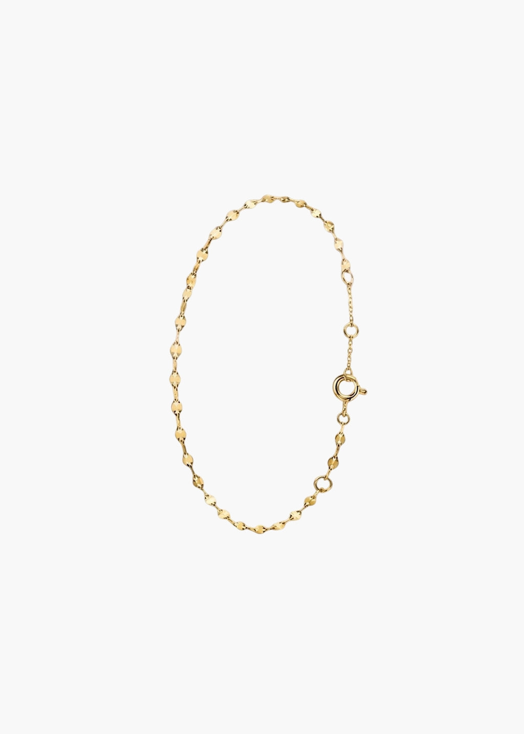 A delicate gold chain bracelet with alternating small diamond-shaped links and open circle links, featuring a spring-ring clasp, displayed on a clean white background.