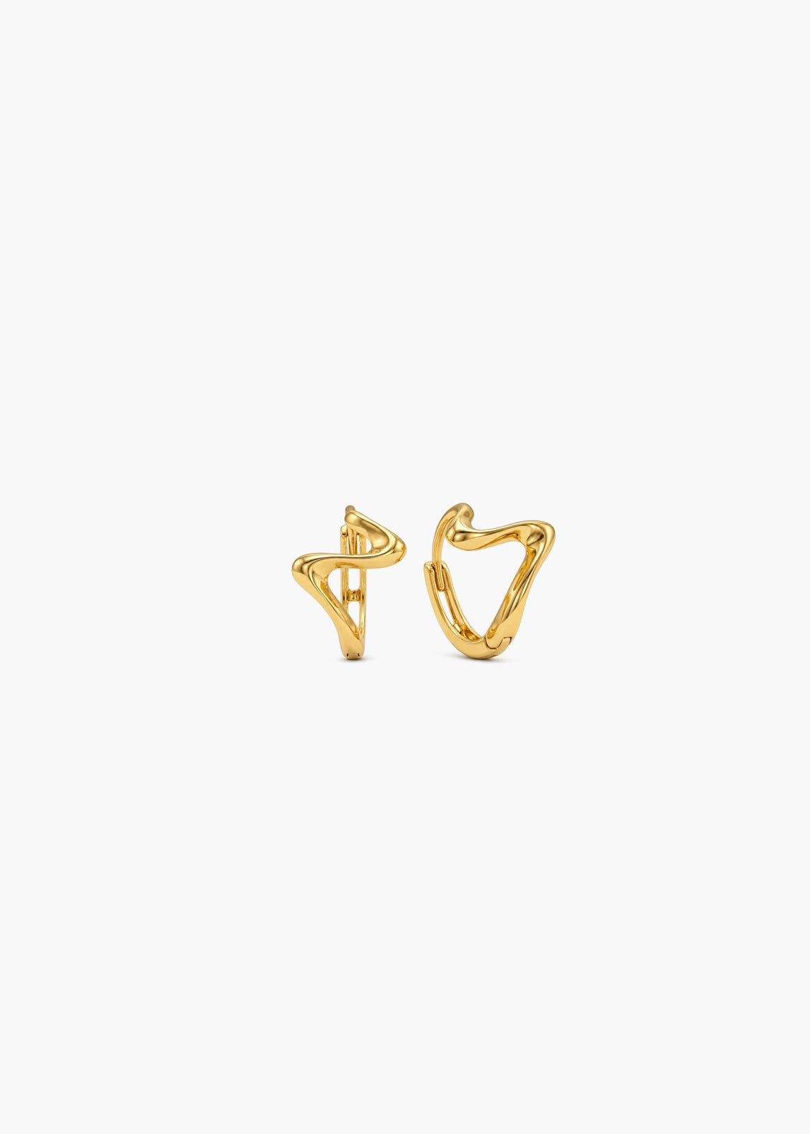 A pair of gold huggie hoop earrings with a twisted, abstract triangular design, shown on a plain white background.