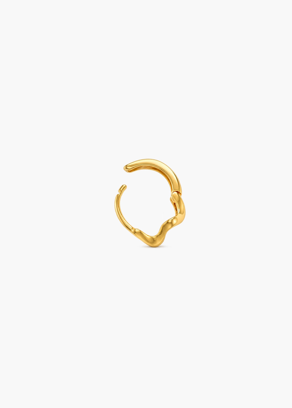 A small gold huggie hoop earring with a polished, organic wavy texture, centered on a plain white background.