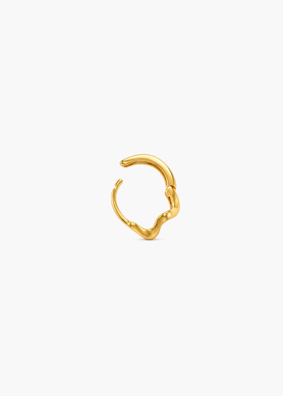 A small gold huggie hoop earring with a polished, organic wavy texture, centered on a plain white background.