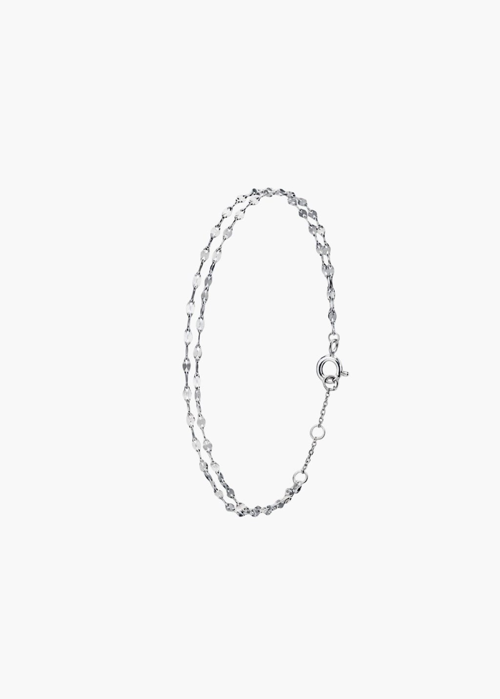 A delicate silver chain bracelet with a small lobster clasp, displayed on a clean, light gray background.
